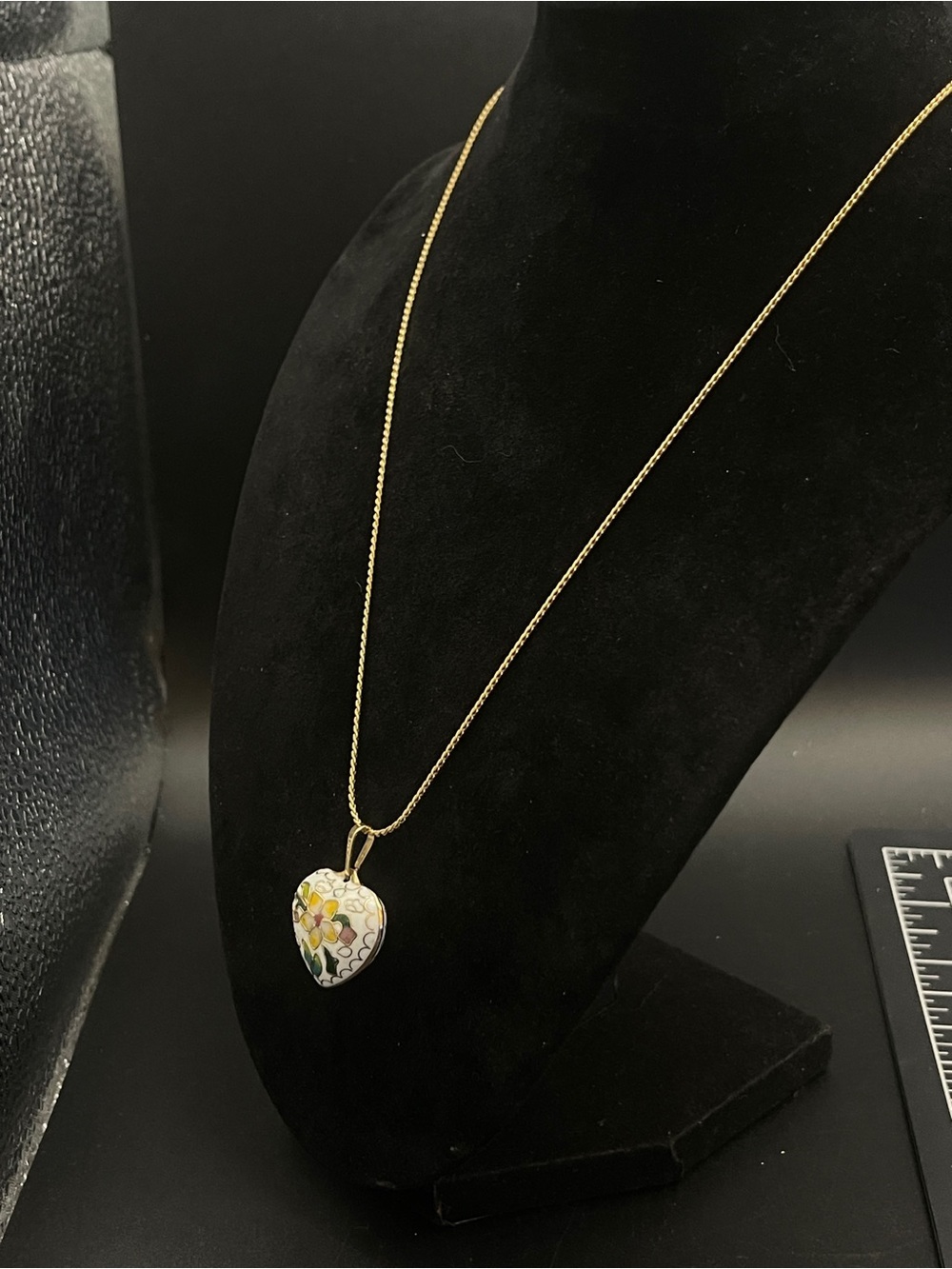 Vintage Cloisonne Puffy Heart Necklace Floral Enamel Signed SC 18” - Picture 5 of 16